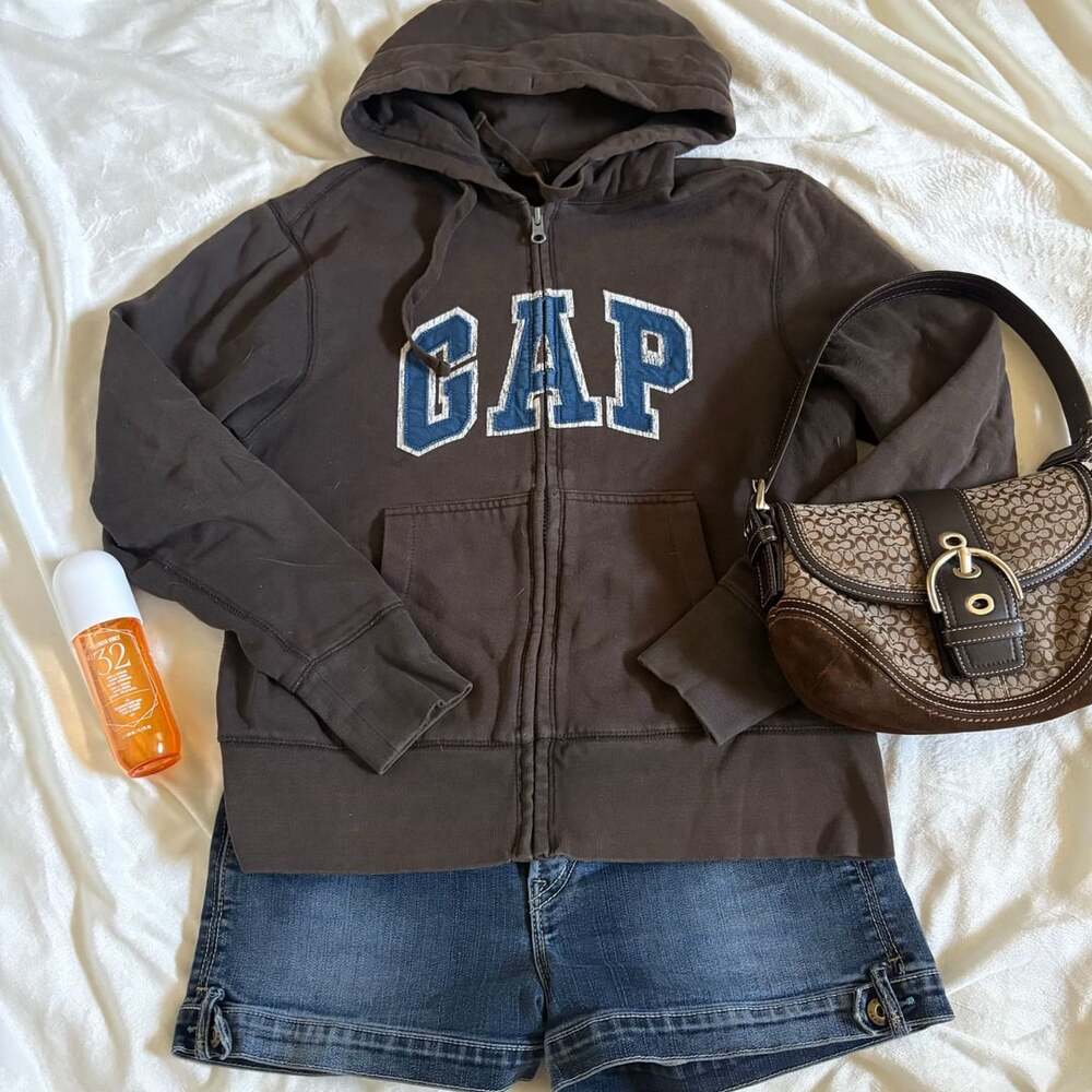 Vintage Gap Brown Full Zip Hoodie with Blue Arch Logo